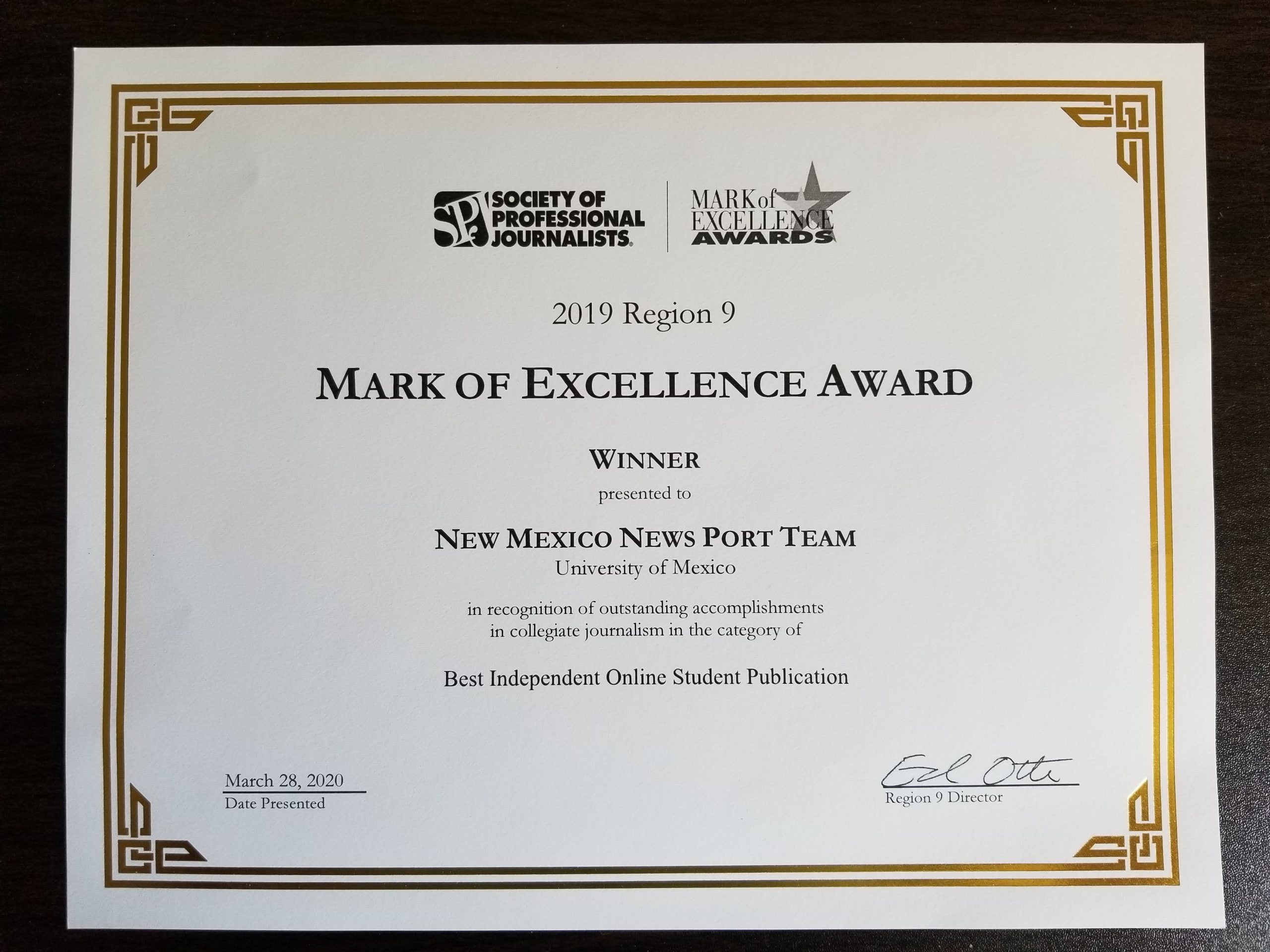 photo of award certificate
