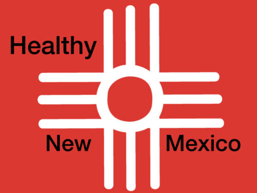 mix of red cross and zia symbol with wording "healthy new mexico"