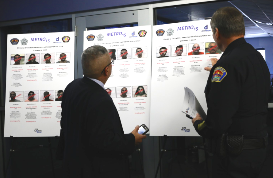 police officials inspect a "Metro 15" poster of most wanted criminals
