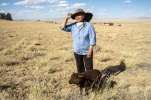 native american woman in field with dog