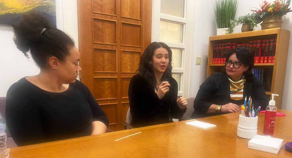 Rep. Cristina Parajon (center) discusses initiatives to address homelessness to a group of UNM journalists on March 12, 2025. To her left is Rep. Anyanonu and right Rep. Angelica Rubio. They formed what they call a housing cohort to focus on housing legislation this session.