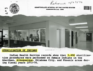 A 1976 report by the U.S. Government Accountability Office found that 3,406 Native women were sterilized at Indian Health Service contract facilities in four of the agency’s areas, including Albuquerque, during a roughly four-year period in the 1970s. How many more Native women were sterilized without their consent is unknown. Photo illustration by Bella Davis/New Mexico In Depth. Photo source: Martin Stupich/Historic American Buildings Survey, Library of Congress Prints and Photographs Division.