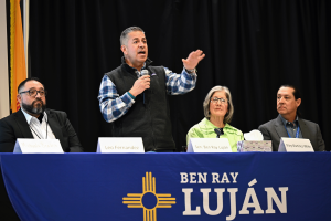 During a Feb. 17, 2026, event in Las Cruces, U.S. Sen. Ben Ray Luján (D-N.M.), along with medical experts and advocates, urged nuclear radiation victims to apply for federal funds now available through the Radiation Exposure Compensation Act. (Leah Romero for Source New Mexico)