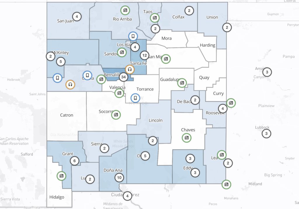 A screenshot of the New Mexico News Map, showing the density of news outlets with some counties, such as Bernalillo County, darker than others because they contain more news outlets.