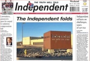 The front page of the Gallup Independent reads: The Independent Folds, with a picture of the building.