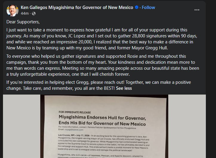 Miyagishima ends governor bid, endorses Republican Gregg Hull