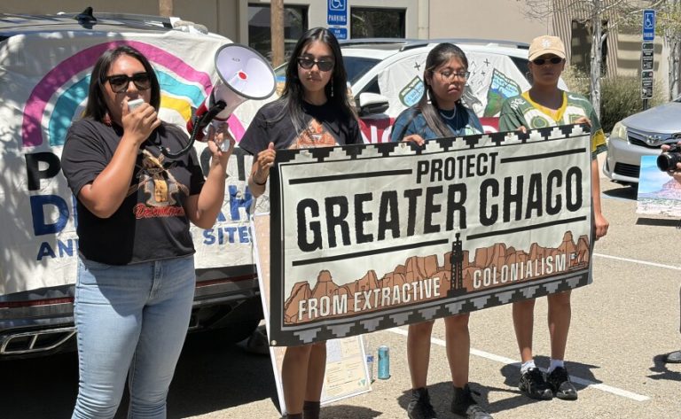 Indigenous advocates protest at BLM office against proposal to remove Chaco Canyon buffer