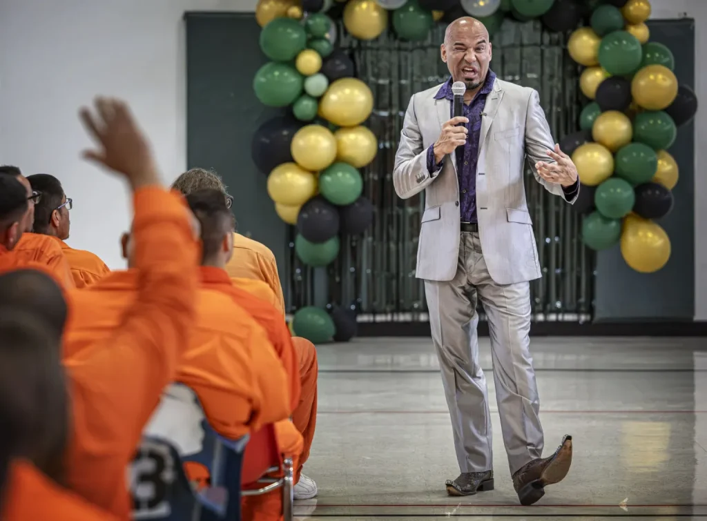 Actor Luis Moncada recalls an experience on the streets during a visit to the Penitentiary of New Mexico on Tuesday, Sept. 29, 2026, to meet with staff and talk with prisoners about his personal journey, mistakes and experience behind bars. Before becoming an actor, Moncada was a gang member and went to prison in the California state prison system.