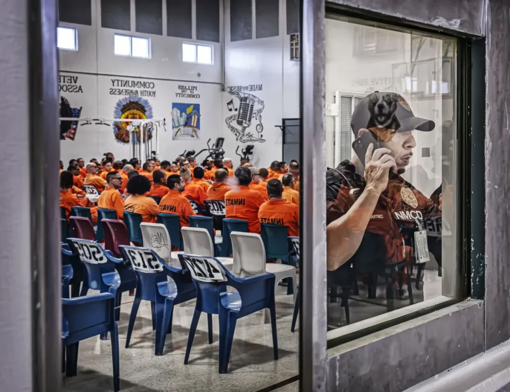 Guards keep an eye on inmates in the gym as they take their seats before a visit by actor Luis Moncada from the hit drama “Breaking Bad” to the Penitentiary of New Mexico on Tuesday, Sept. 29, 2026, to meet with staff and talk with prisoners about his personal journey, mistakes and experience behind bars. Before becoming an actor, Moncada was a gang member and went to prison in the California state prison system.xxx during a visit to the Penitentiary of New Mexico on Tuesday, Sept 29, 2026, to meet with staff and talk with prisoners about his personal journey, mistakes and experience behind bars. Before becoming an actor, Moncada was a gang member and went to prison in the California state prison system.