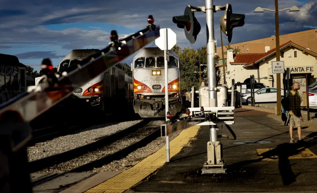 A New Mexico Rail Runner Express train prepares to depart the Santa Fe Depot for Albuquerque on Monday, Oct. 19, 2026.