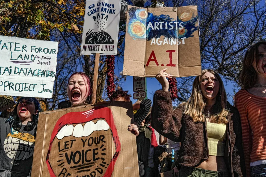 Students from the New Mexico School for the Arts protest at the Santa Fe Plaza following a walkout on Tuesday, Oct. 27, 2026.