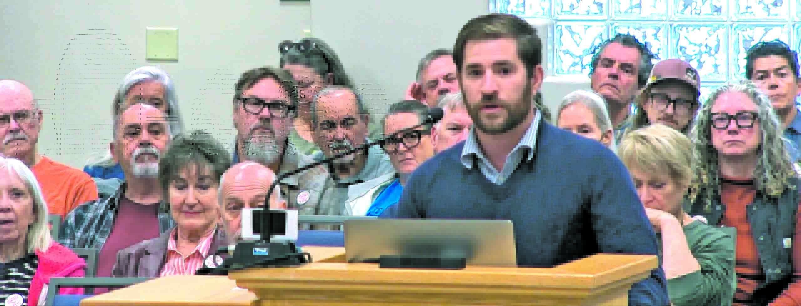 Blake Marcus, project developer for the Site Layer 1 project that envisions a solar and natural gas-powered data center in southern Grant County, appears at Thursday’s Grant County Commission meeting to plead unsuccessfully for commissioners to defeat a popular moratorium on data centers development — or at least exempt associated energy infrastructure that would connect to the grid.