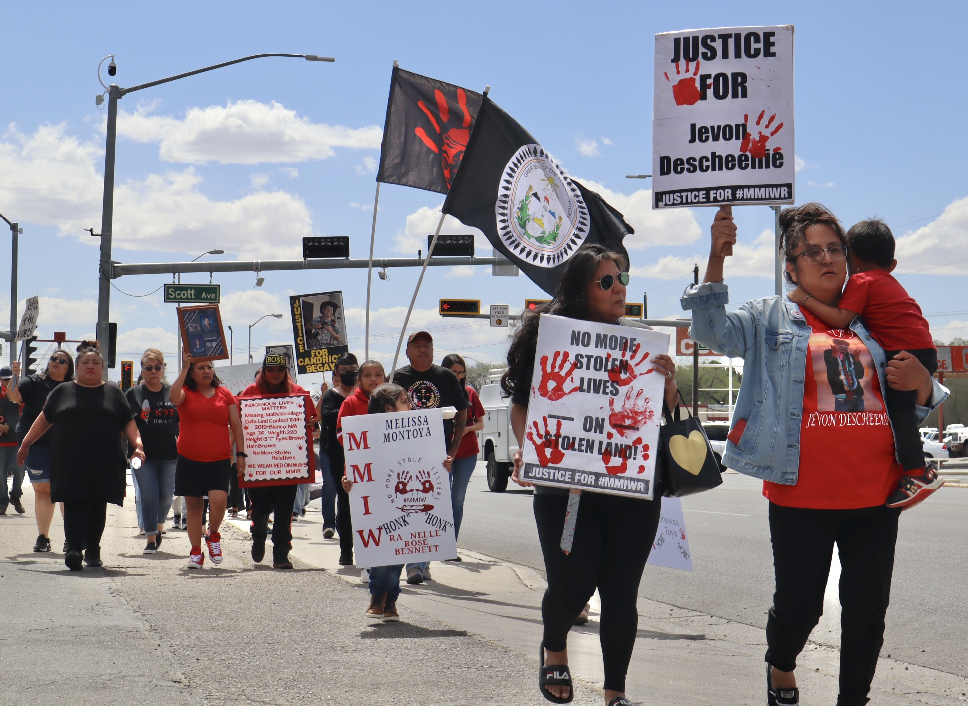 Indigenous families with loved ones who have gone missing or been murdered march in Farmington, New Mexico